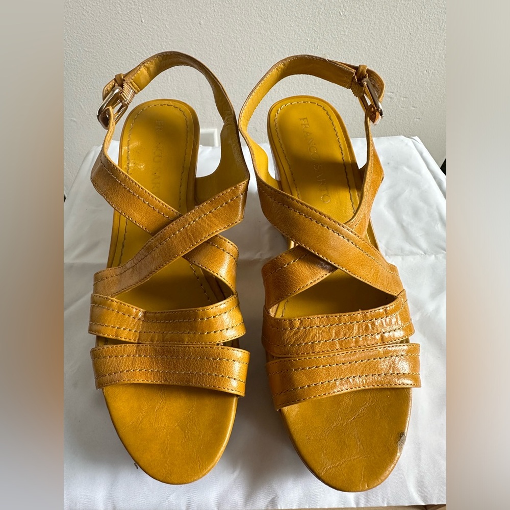Franco Sarto leather mustard yellow/gold wedge sandals